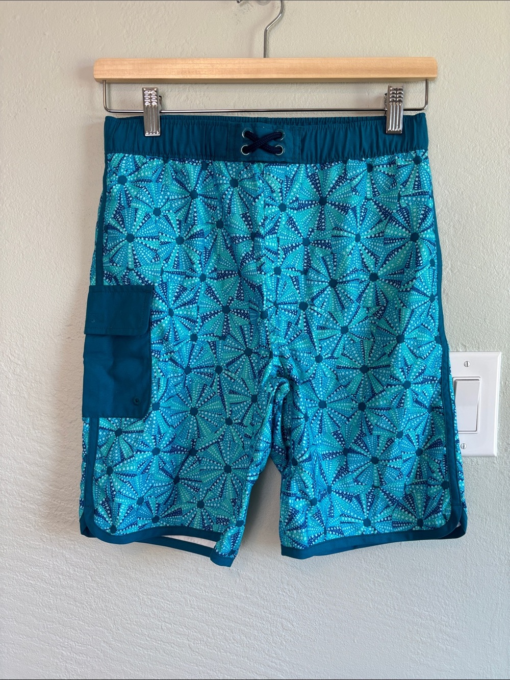 Bundle 2/$30! 14S-16S Lands' End Teal Blue Patterned Swim Shorts SLIM
